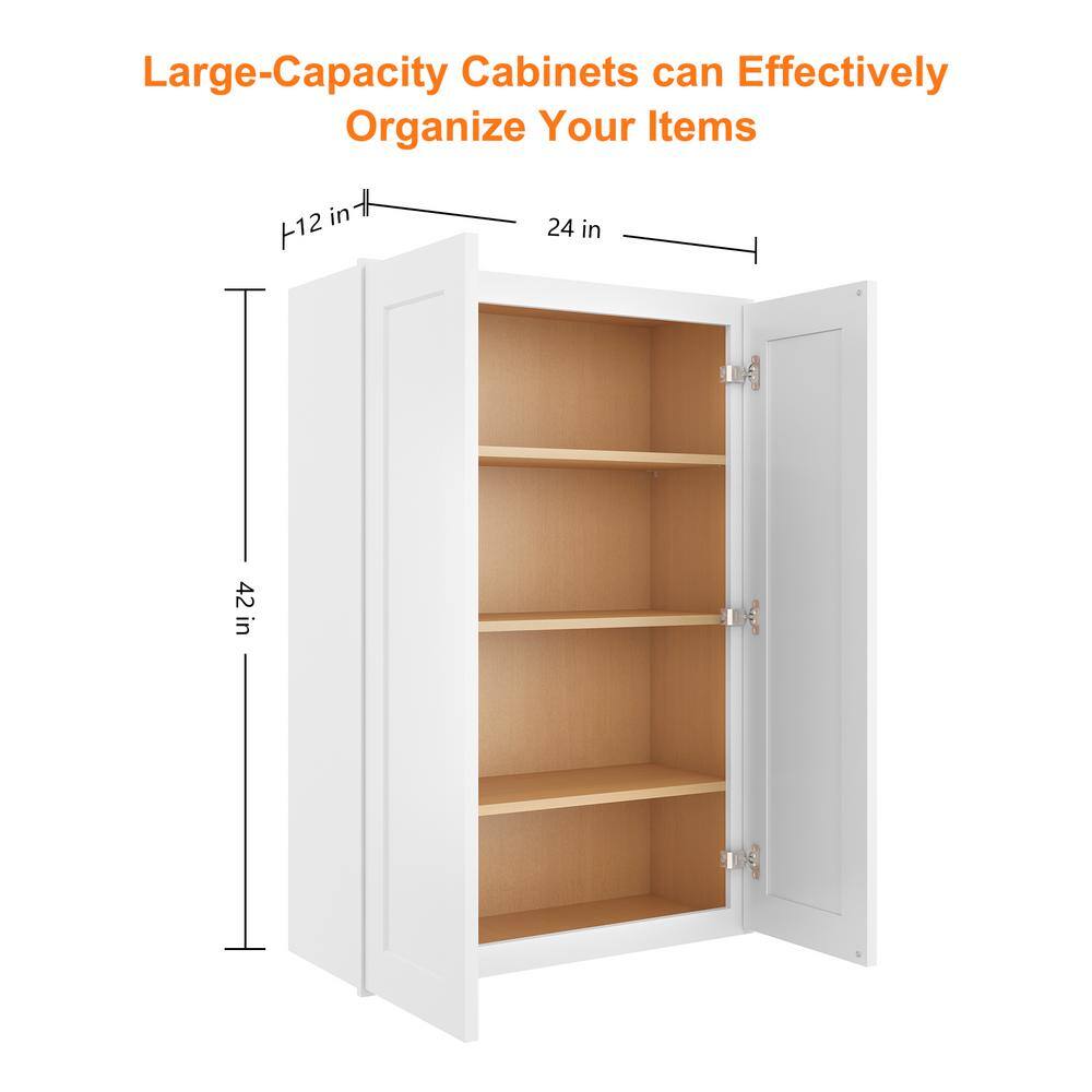 HOMEIBRO Newport Shaker White Ready to Assemble Wall Cabinet with 2-Doors 3-Shelves (24 in. W x 42 in. H x 12 in. D)