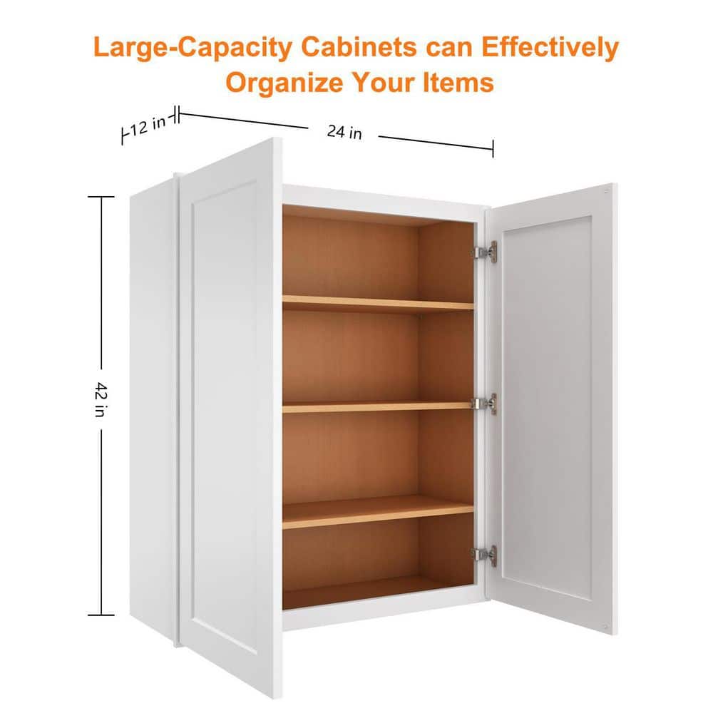 HOMEIBRO Newport Shaker White Ready to Assemble Wall Cabinet with 2-Doors 3-Shelves (24 in. W x 42 in. H x 12 in. D)