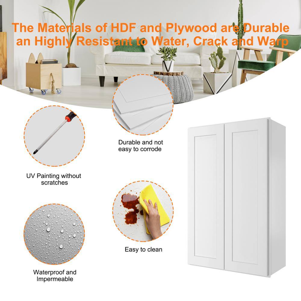 HOMEIBRO Newport Shaker White Ready to Assemble Wall Cabinet with 2-Doors 3-Shelves (24 in. W x 42 in. H x 12 in. D)
