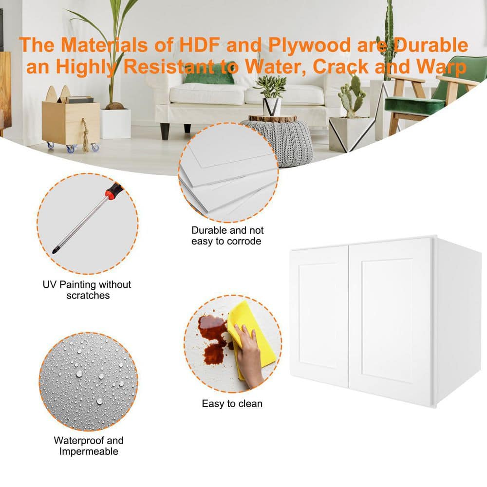 HOMEIBRO 30-in. W x 24-in. D x 24-in. H in Shaker White Plywood Ready to Assemble Wall Bridge Kitchen Cabinet with 2 Doors