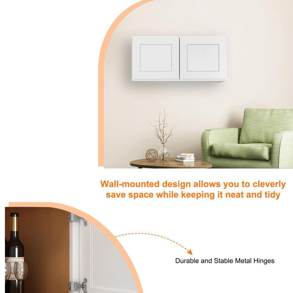HOMEIBRO 30-in. W x 24-in. D x 24-in. H in Shaker White Plywood Ready to Assemble Wall Bridge Kitchen Cabinet with 2 Doors