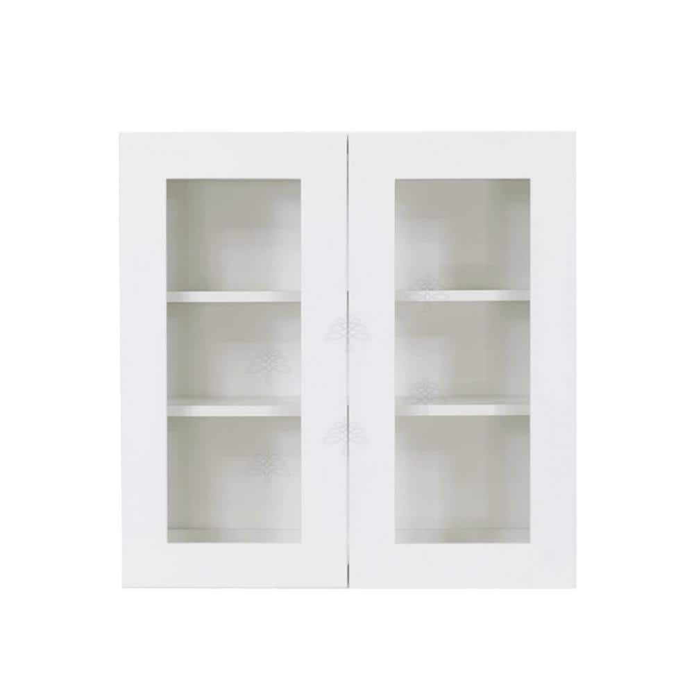 LIFEART CABINETRY Lancaster White Plywood Shaker Stock Assembled Wall Glass Door Kitchen Cabinet 24 in. W x 30 in. H x 12 in. D