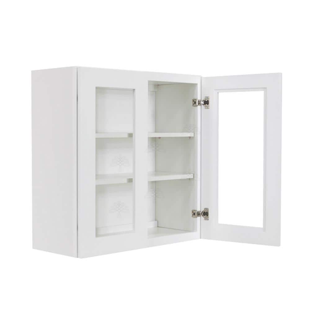 LIFEART CABINETRY Lancaster White Plywood Shaker Stock Assembled Wall Glass Door Kitchen Cabinet 27 in. W x 30 in. H x 12 in. D