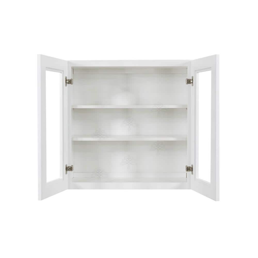 LIFEART CABINETRY Lancaster White Plywood Shaker Stock Assembled Wall Glass Door Kitchen Cabinet 27 in. W x 30 in. H x 12 in. D