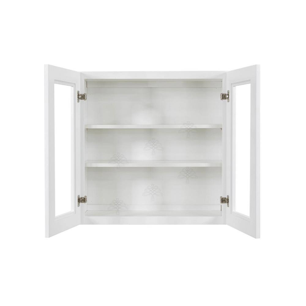 LIFEART CABINETRY Lancaster White Plywood Shaker Stock Assembled Wall Glass Door Kitchen Cabinet 27 in. W x 36 in. H x 12 in. D