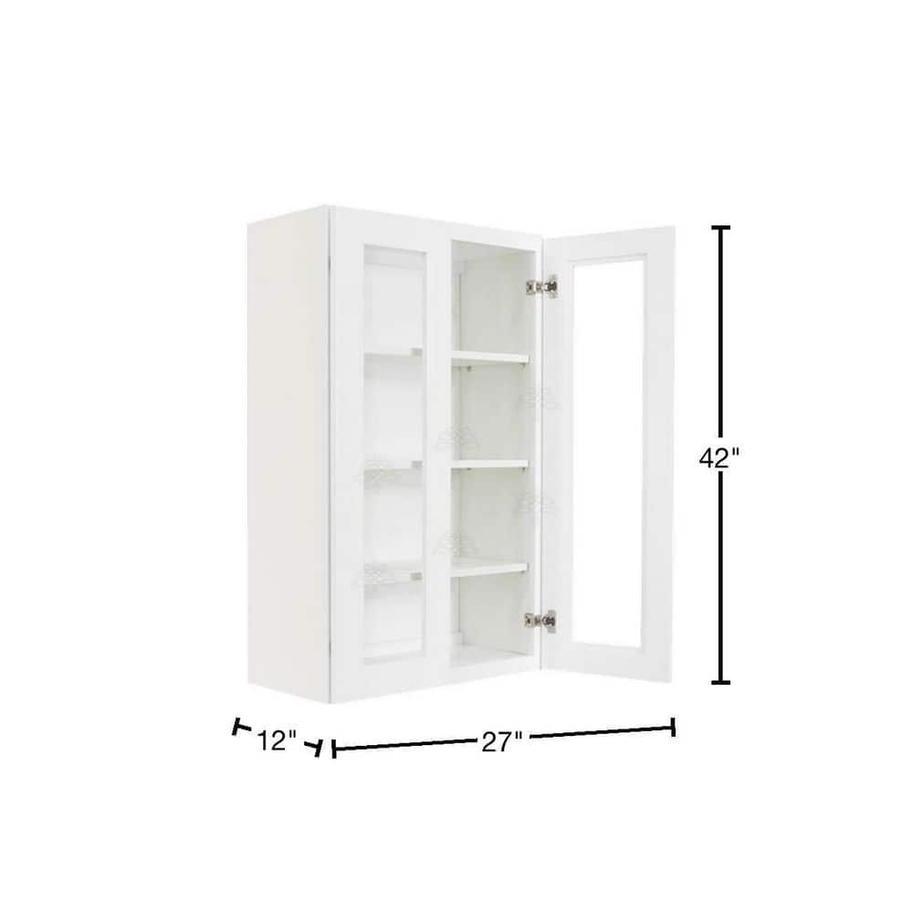 LIFEART CABINETRY Lancaster White Plywood Shaker Stock Assembled Wall Glass Door Kitchen Cabinet 27 in. W x 42 in. H x 12 in. D