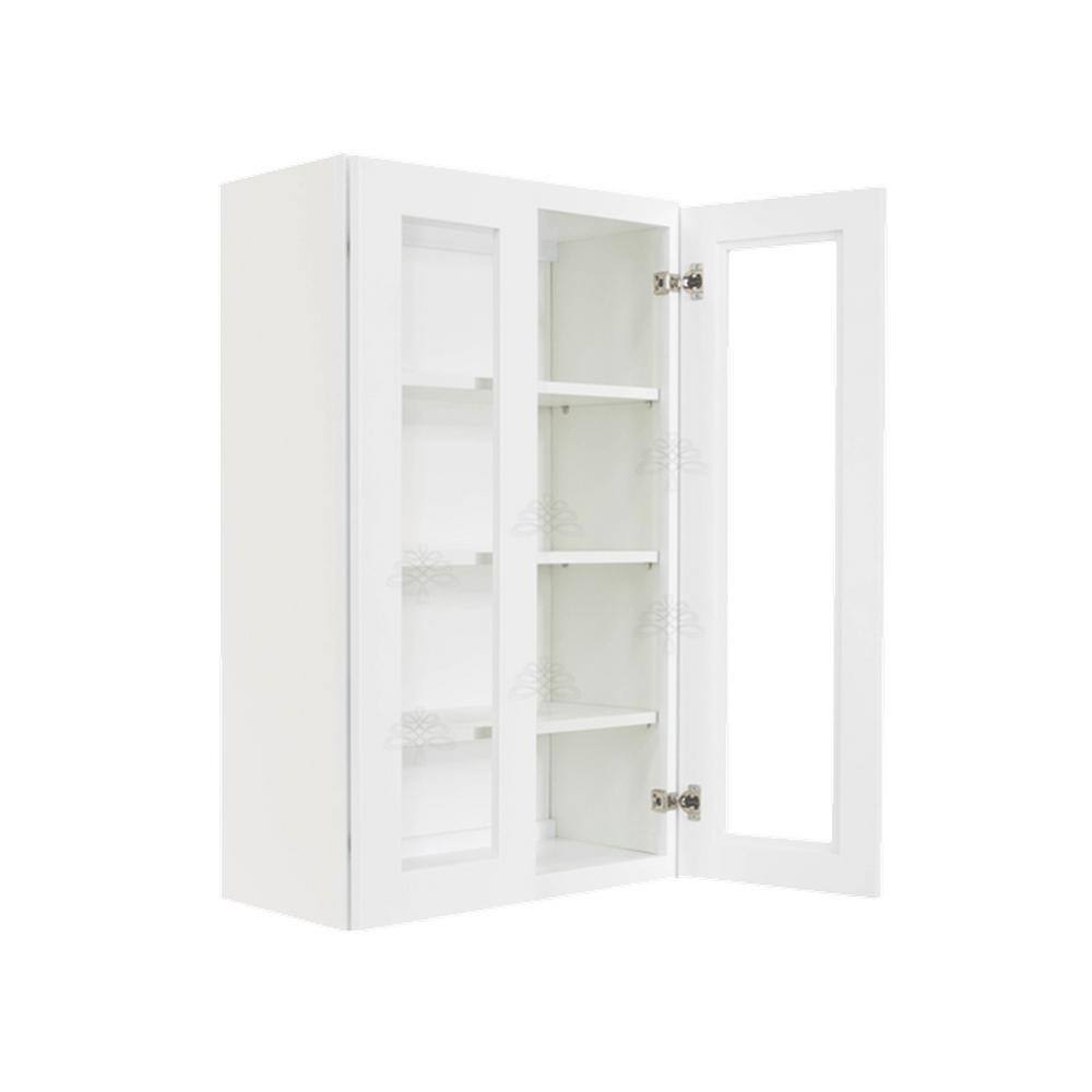LIFEART CABINETRY Lancaster White Plywood Shaker Stock Assembled Wall Glass Door Kitchen Cabinet 27 in. W x 42 in. H x 12 in. D