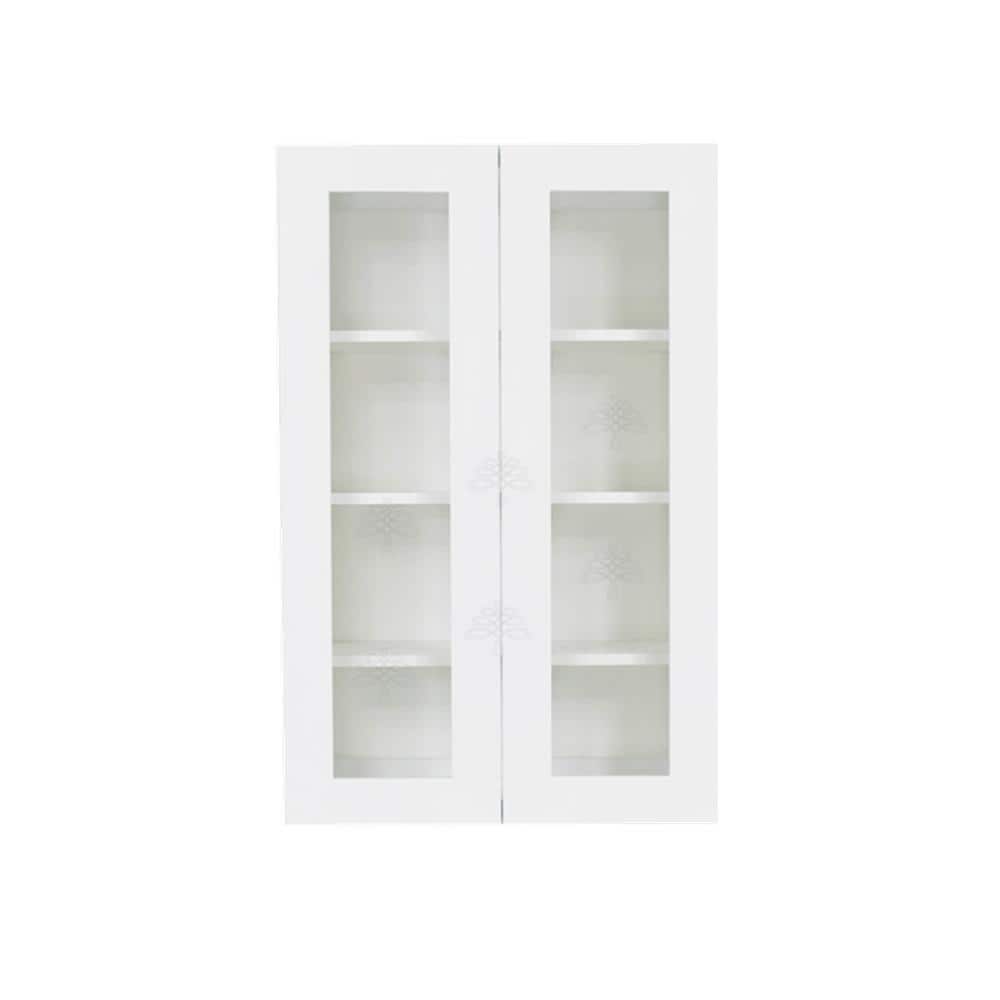 LIFEART CABINETRY Lancaster White Plywood Shaker Stock Assembled Wall Glass Door Kitchen Cabinet 27 in. W x 42 in. H x 12 in. D