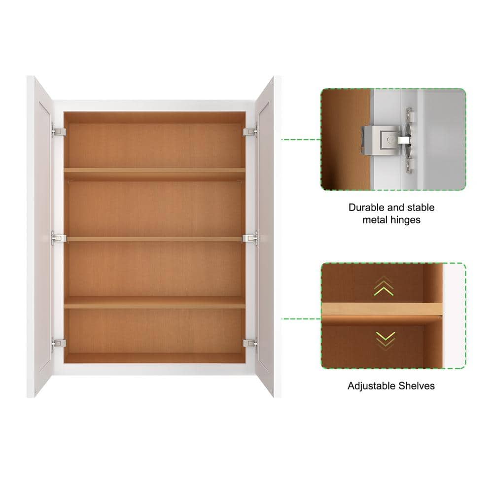 24 in W x 12 in D x 36 in H in Shaker White Plywood Ready to Assemble Kitchen Wall Cabinet with Doors and Shelves