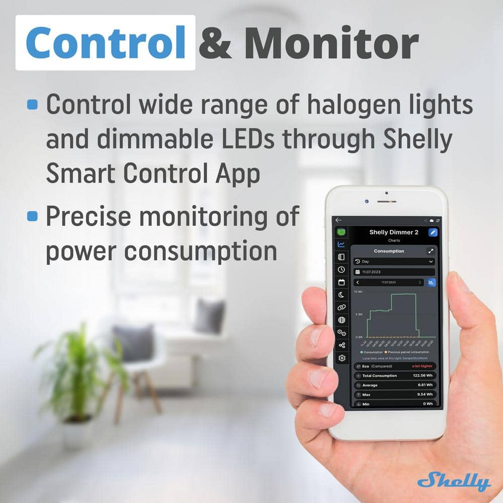 Shelly Dimmer 2, WiFi Smart Dimmer Switch, No Neutral Wire Required, Home Automation, Wireless Switch, Dimmable Lights