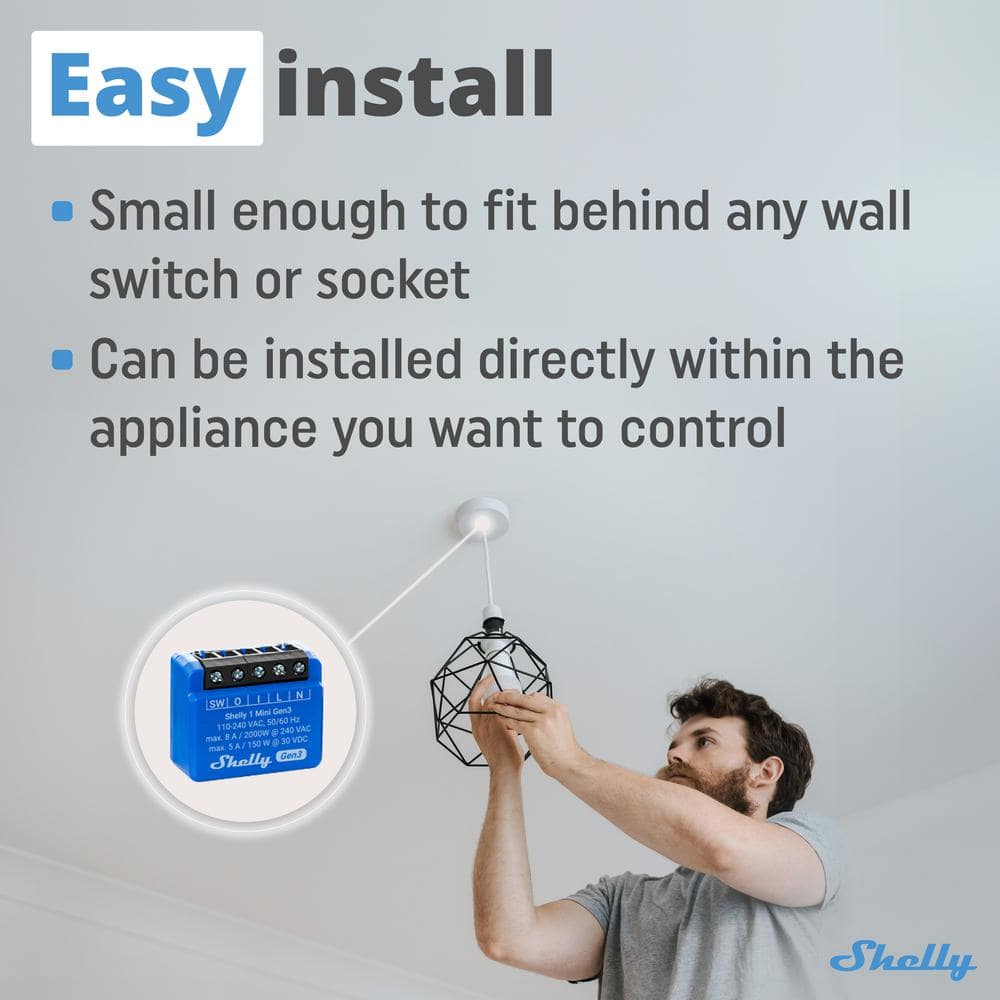 Shelly 1 Mini Gen3, WiFi and Bluetooth Smart Switch Relay, 1 Channel 8A, Home Automation, Dry contacts (2-Pack)