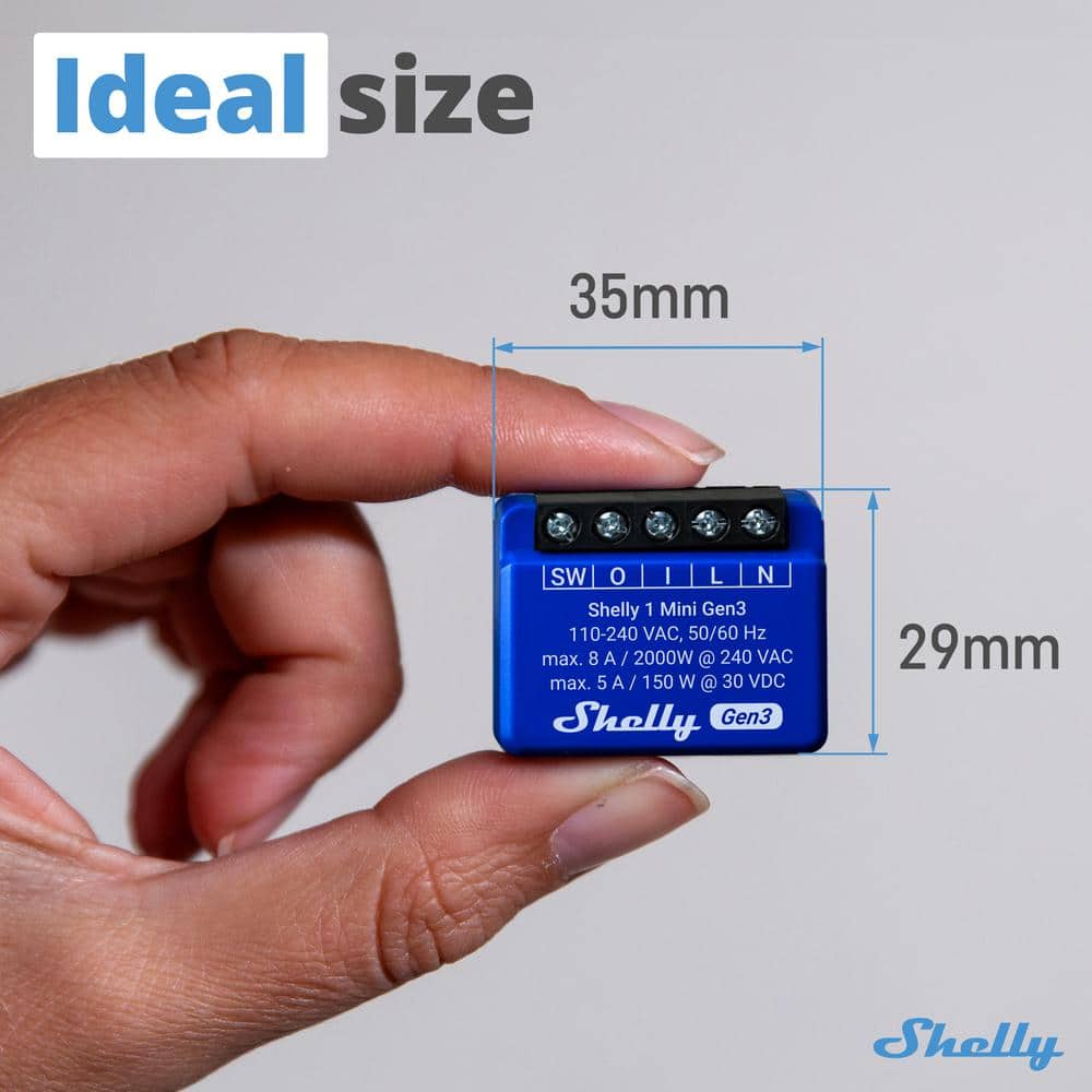 Shelly 1 Mini Gen3, WiFi and Bluetooth Smart Switch Relay, 1 Channel 8A, Home Automation, Dry contacts (2-Pack)