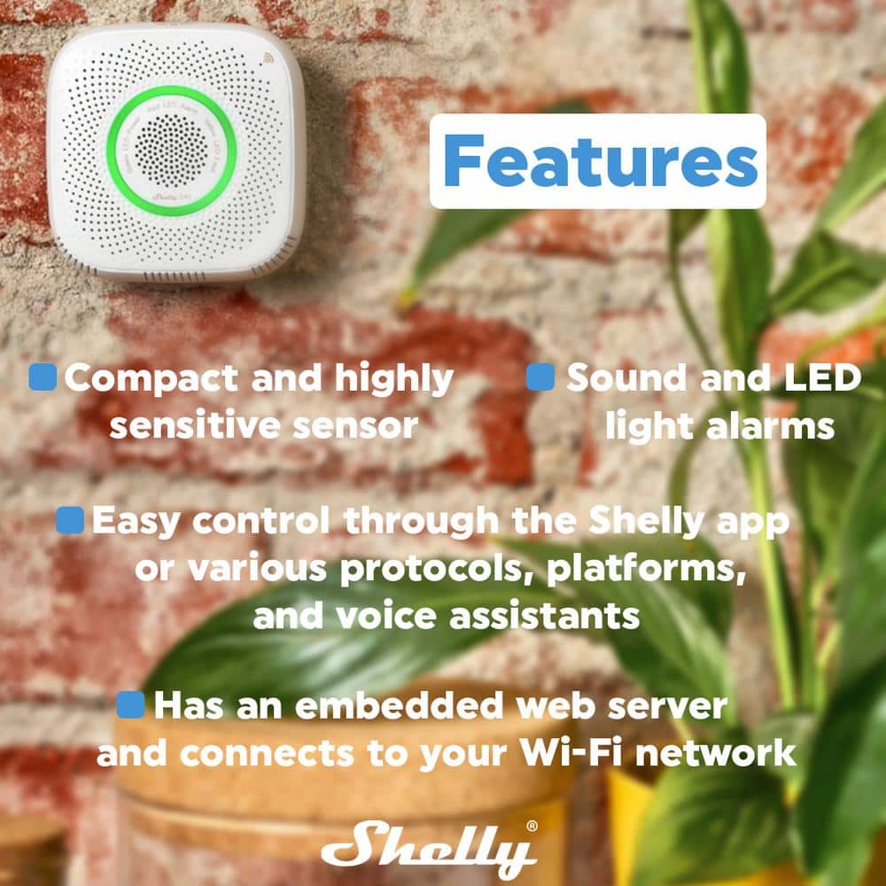 Shelly Gas LPG, Wi-Fi Operated Gas Sensor with Sound and Light Alarm, Certified Smart Gas Detection Sensor