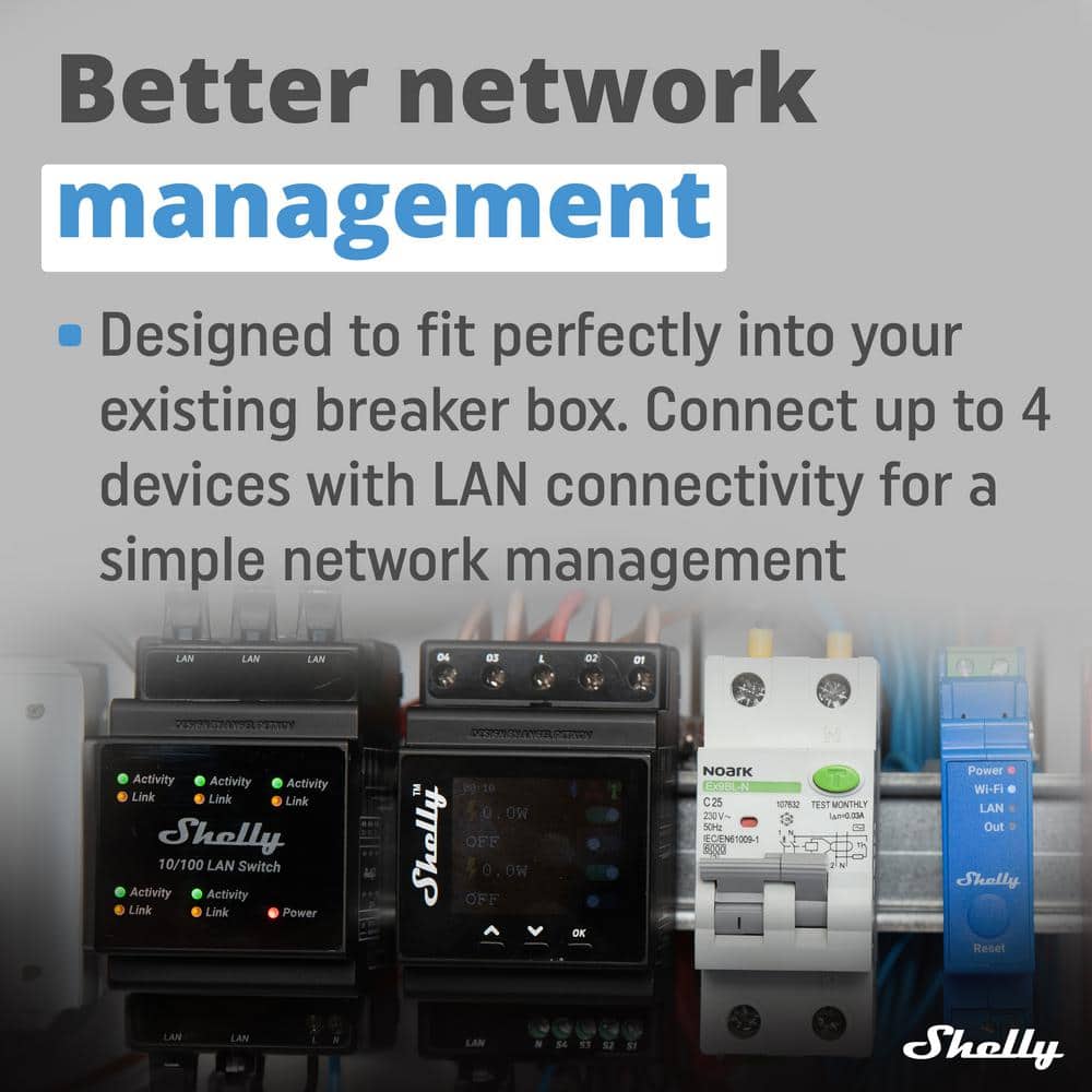 Shelly LAN Switch, 5 Port RJ45 10/100 Mbps Fast Ethernet Switch, DIN-Mountable, Fanless, Plug and Play, Energy-Saving