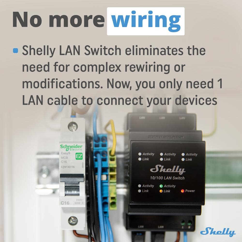 Shelly LAN Switch, 5 Port RJ45 10/100 Mbps Fast Ethernet Switch, DIN-Mountable, Fanless, Plug and Play, Energy-Saving