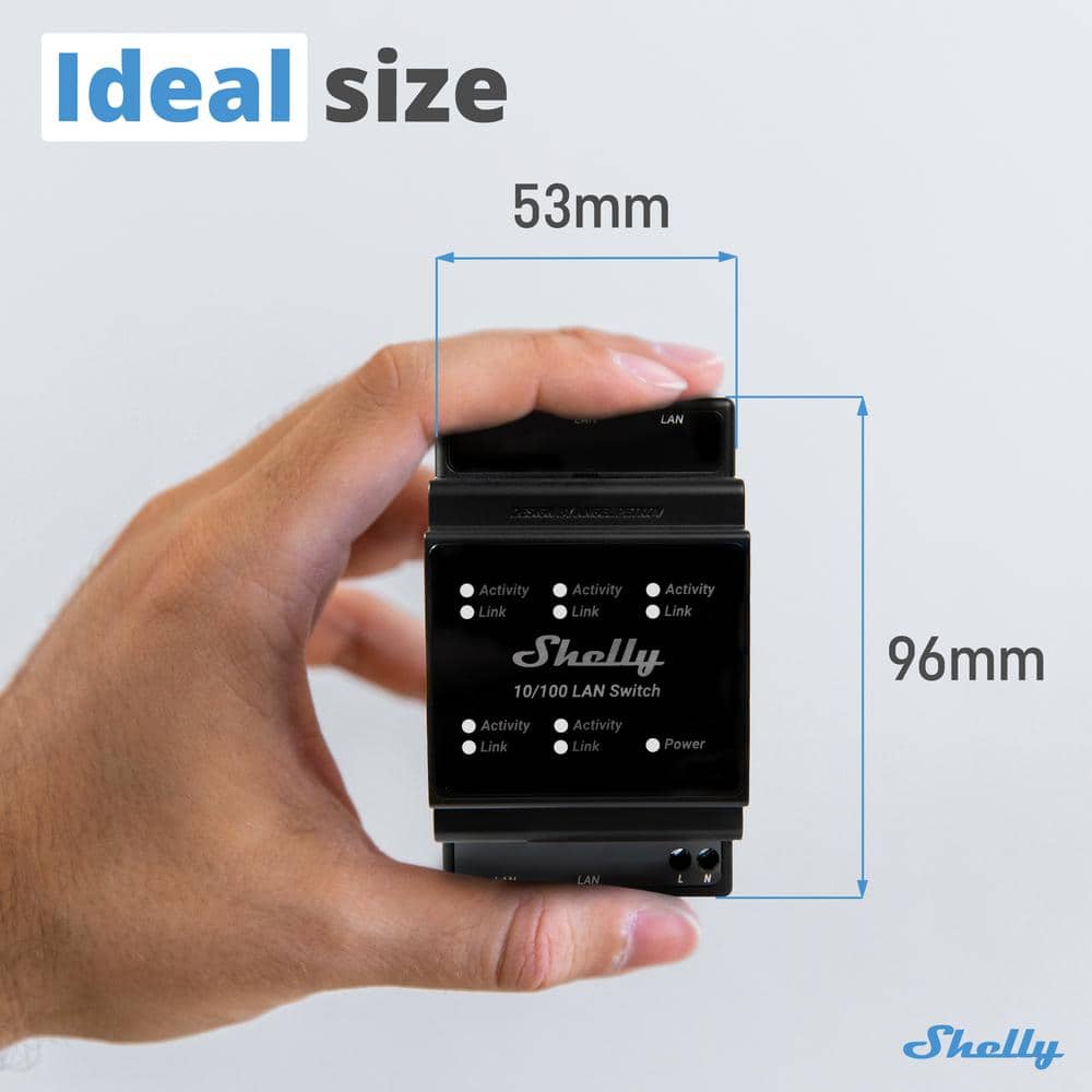Shelly LAN Switch, 5 Port RJ45 10/100 Mbps Fast Ethernet Switch, DIN-Mountable, Fanless, Plug and Play, Energy-Saving