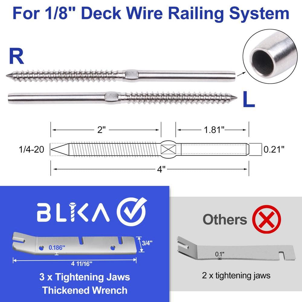 Angel Sar T316 Stainless Steel Right and Left Handed Thread Swage Lag Screws for Wood Posts of 1/8 in Cable Railing Kit (100-Pack)