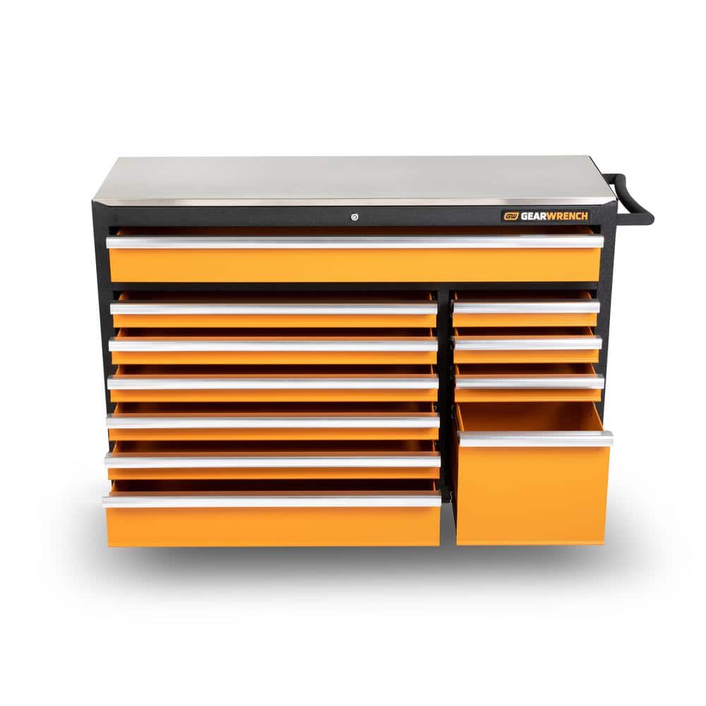 GEARWRENCH GSX 52 in. x 18 in. 11-Drawer Orange and Black Powder Coated Steel Rolling Tool Cabinet with Stainless Steel Worktop