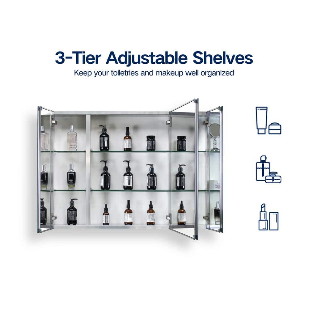 Cesicia 36 in. W x 26 in. H Rectangular Silver Aluminum Surface Mount 3 Doors Bathroom Medicine Cabinet with Mirror