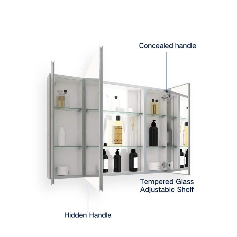 Cesicia 36 in. W x 26 in. H Rectangular Silver Aluminum Surface Mount 3 Doors Bathroom Medicine Cabinet with Mirror