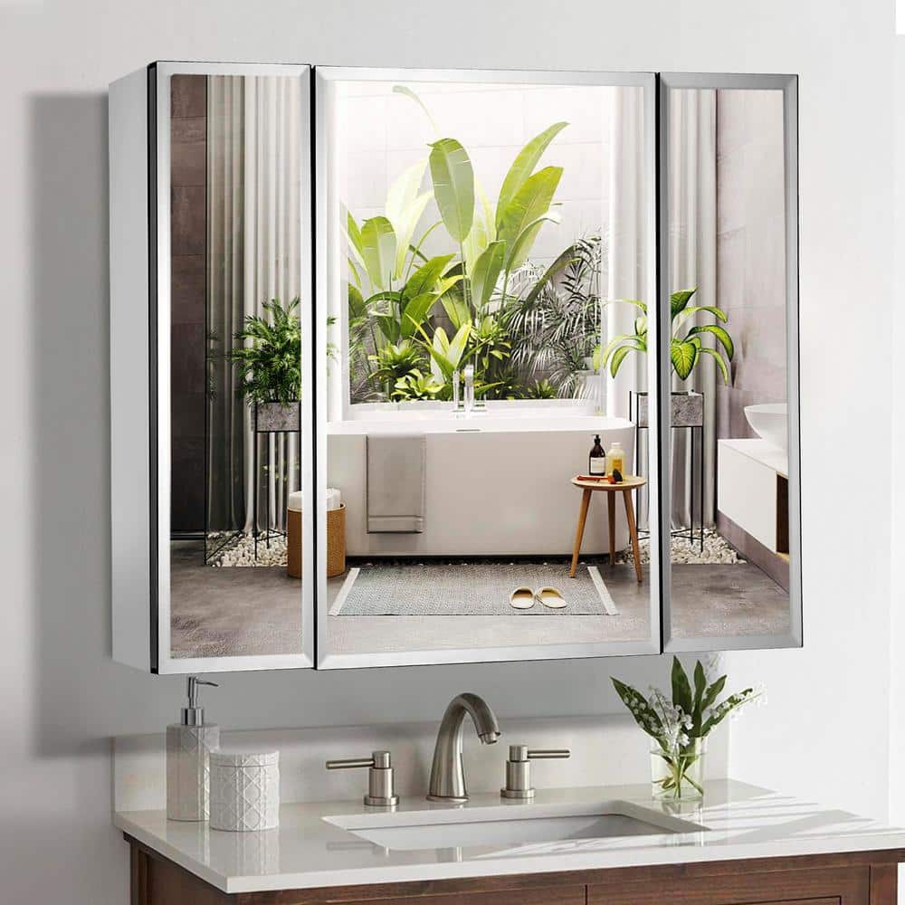 Cesicia 36 in. W x 26 in. H Rectangular Silver Aluminum Surface Mount 3 Doors Bathroom Medicine Cabinet with Mirror