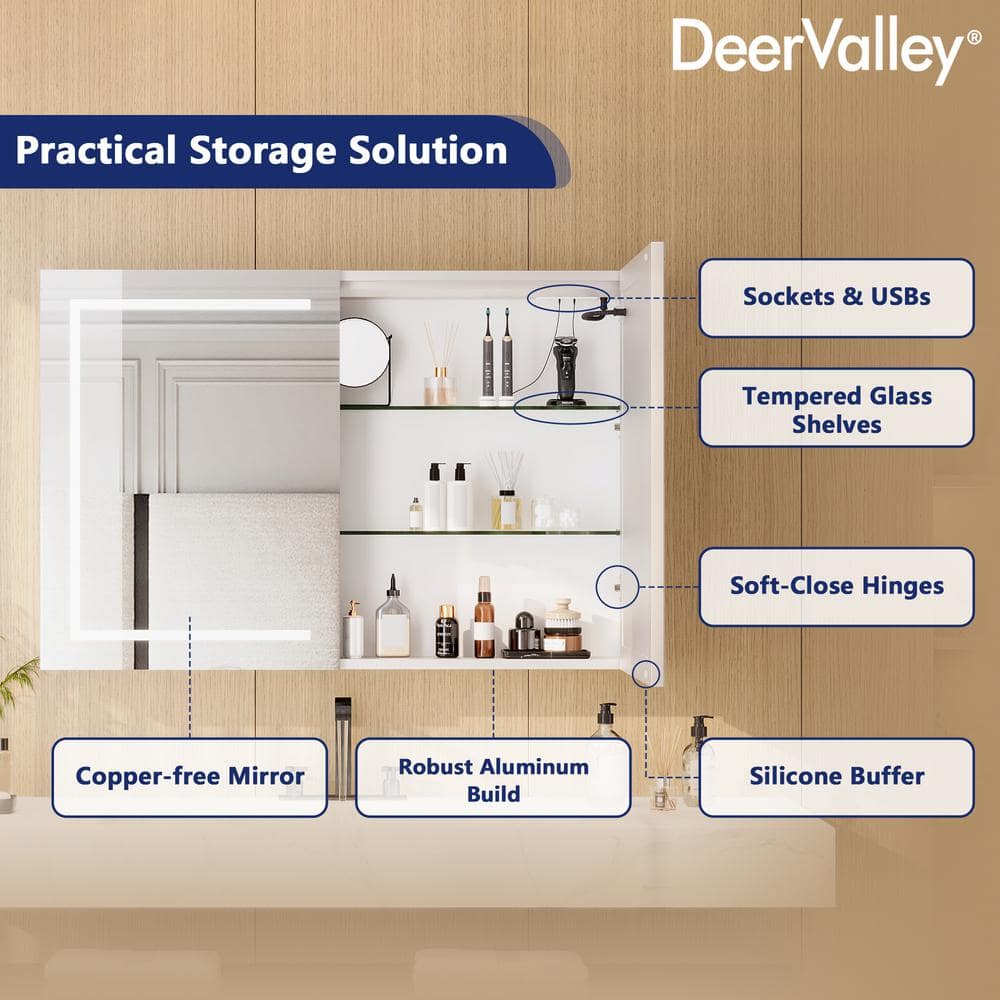 DEERVALLEY 48 in. W x 32 in. H Rectangular Silver Aluminum Surface LED Light Medicine Cabinet with Mirror, Anti-Fog, Double Doors