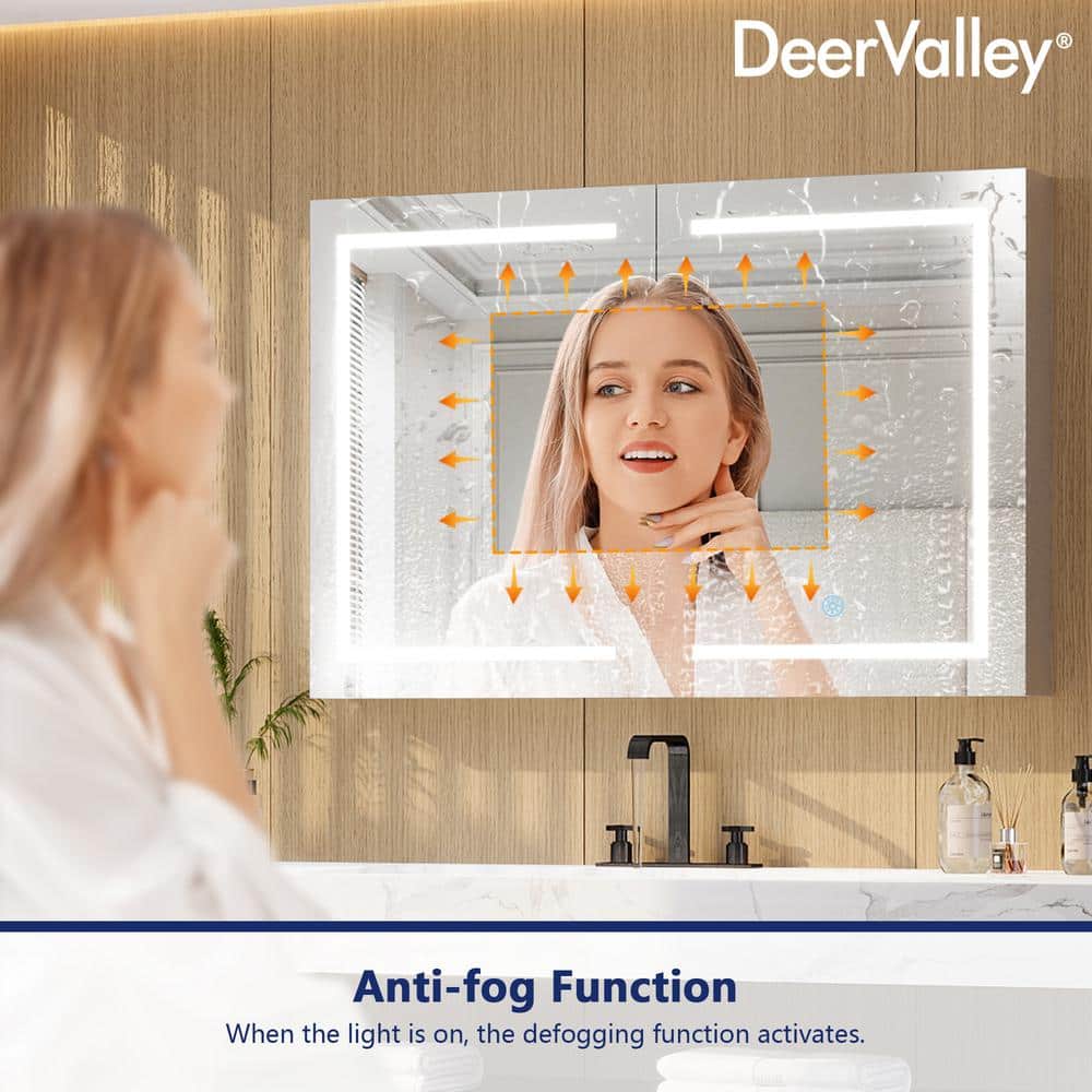 DEERVALLEY 48 in. W x 32 in. H Rectangular Silver Aluminum Surface LED Light Medicine Cabinet with Mirror, Anti-Fog, Double Doors
