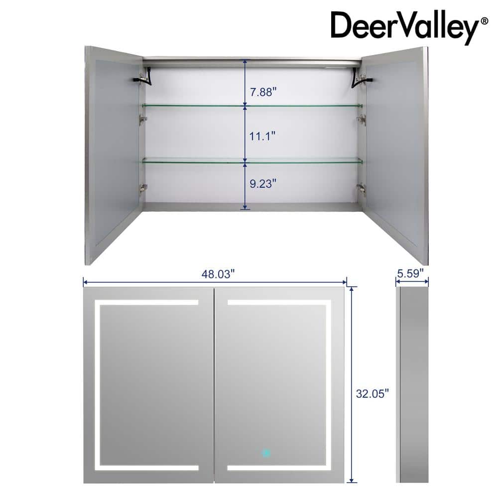 DEERVALLEY 48 in. W x 32 in. H Rectangular Silver Aluminum Surface LED Light Medicine Cabinet with Mirror, Anti-Fog, Double Doors