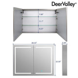 DEERVALLEY 48 in. W x 32 in. H Rectangular Silver Aluminum Surface LED Light Medicine Cabinet with Mirror, Anti-Fog, Double Doors
