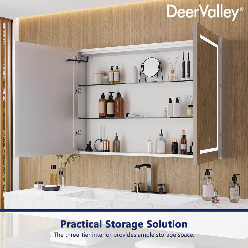 DEERVALLEY 48 in. W x 32 in. H Rectangular Silver Aluminum Surface LED Light Medicine Cabinet with Mirror, Anti-Fog, Double Doors