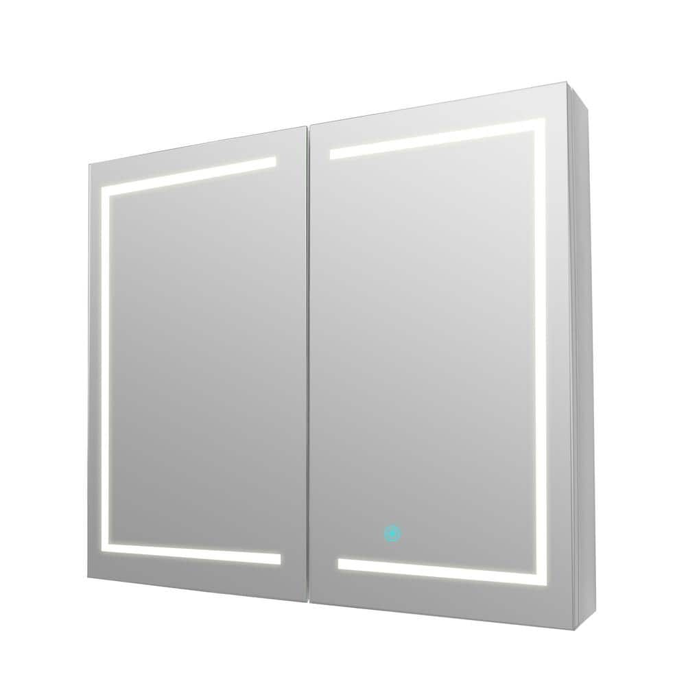 DEERVALLEY 48 in. W x 32 in. H Rectangular Silver Aluminum Surface LED Light Medicine Cabinet with Mirror, Anti-Fog, Double Doors