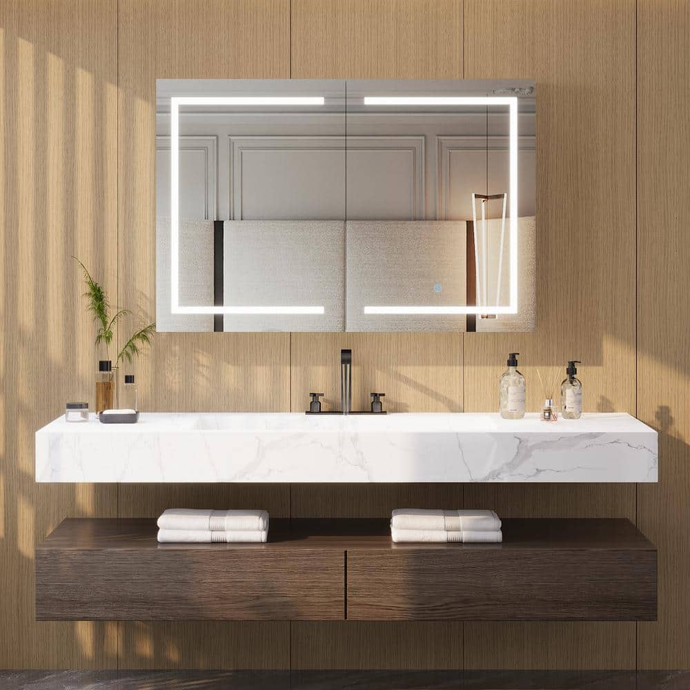 DEERVALLEY 48 in. W x 32 in. H Rectangular Silver Aluminum Surface LED Light Medicine Cabinet with Mirror, Anti-Fog, Double Doors