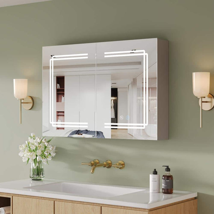 DEERVALLEY 36 in. W x 24 in. H Rectangular Silver Aluminum Surface LED Light Medicine Cabinet with Mirror, Defog, Bluetooth Speaker
