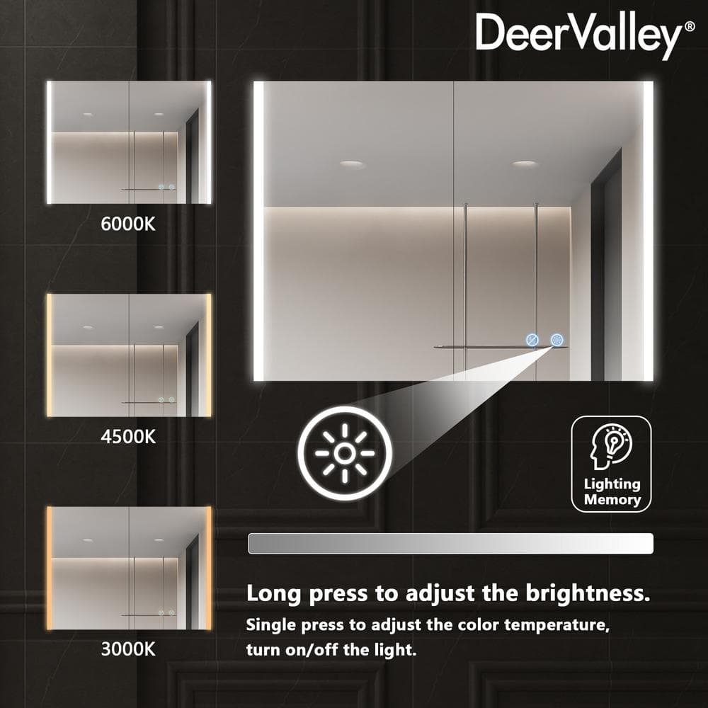 DEERVALLEY 32 in. W x 24 in. H Rectangular Wall Mounted LED Light Medicine Cabinet with Mirror, Anti-Fog, Double Doors