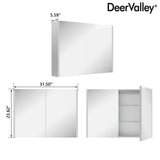 DEERVALLEY 32 in. W x 24 in. H Rectangular Wall Mounted LED Light Medicine Cabinet with Mirror, Anti-Fog, Double Doors