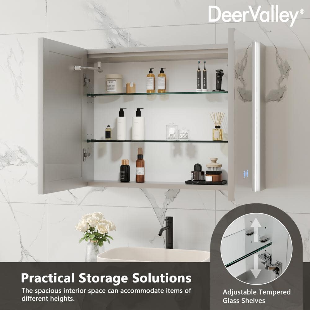 DEERVALLEY 32 in. W x 24 in. H Rectangular Wall Mounted LED Light Medicine Cabinet with Mirror, Anti-Fog, Double Doors