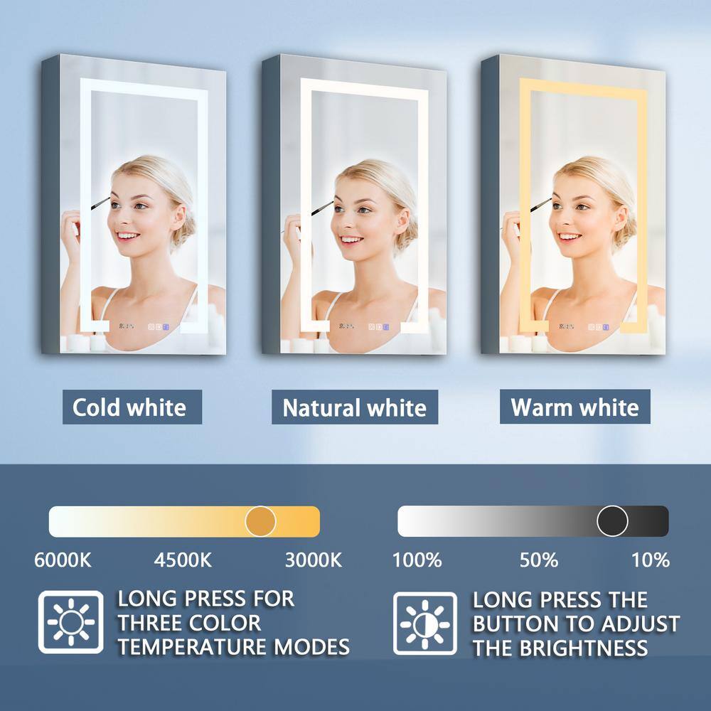 ExBrite 20 in. W x 32 in. H Rectangular Silver Aluminum Recessed/Surface Mount Left Dimmable Medicine Cabinet with Mirror