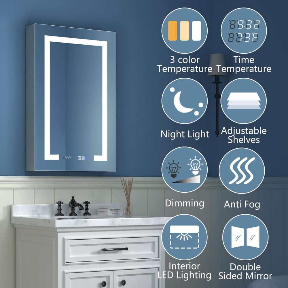 ExBrite 20 in. W x 32 in. H Rectangular Silver Aluminum Recessed/Surface Mount Left Dimmable Medicine Cabinet with Mirror