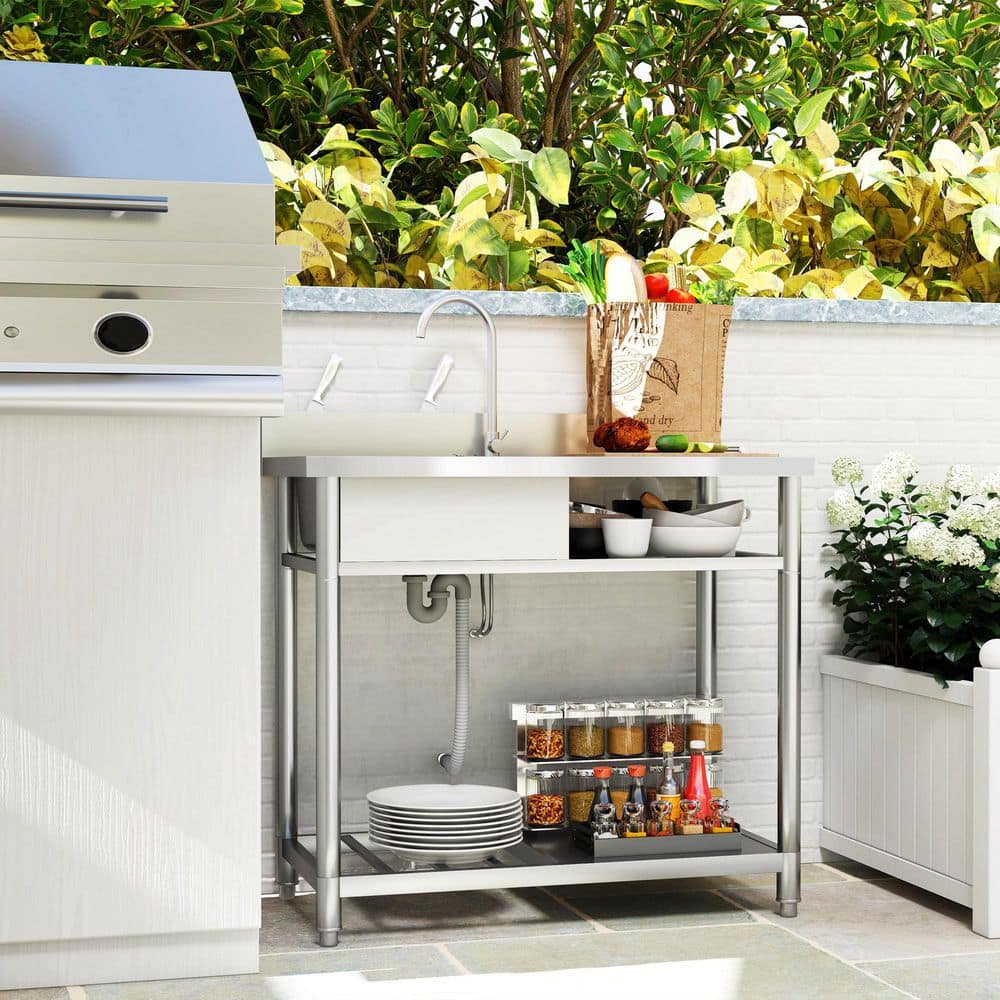 HOMEIBRO 39 in. Freestanding Laundry Utility Sink Stainless Steel with Left Bowl
