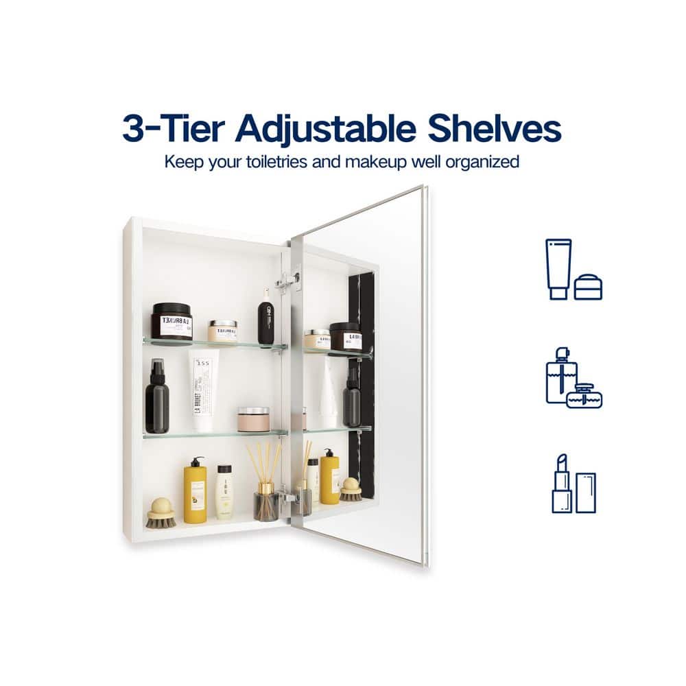 15 in. W x 26 in. H Silver Recessed/Surface Mount Medicine Cabinet with Mirror Bathroom Large Storage Left Swing