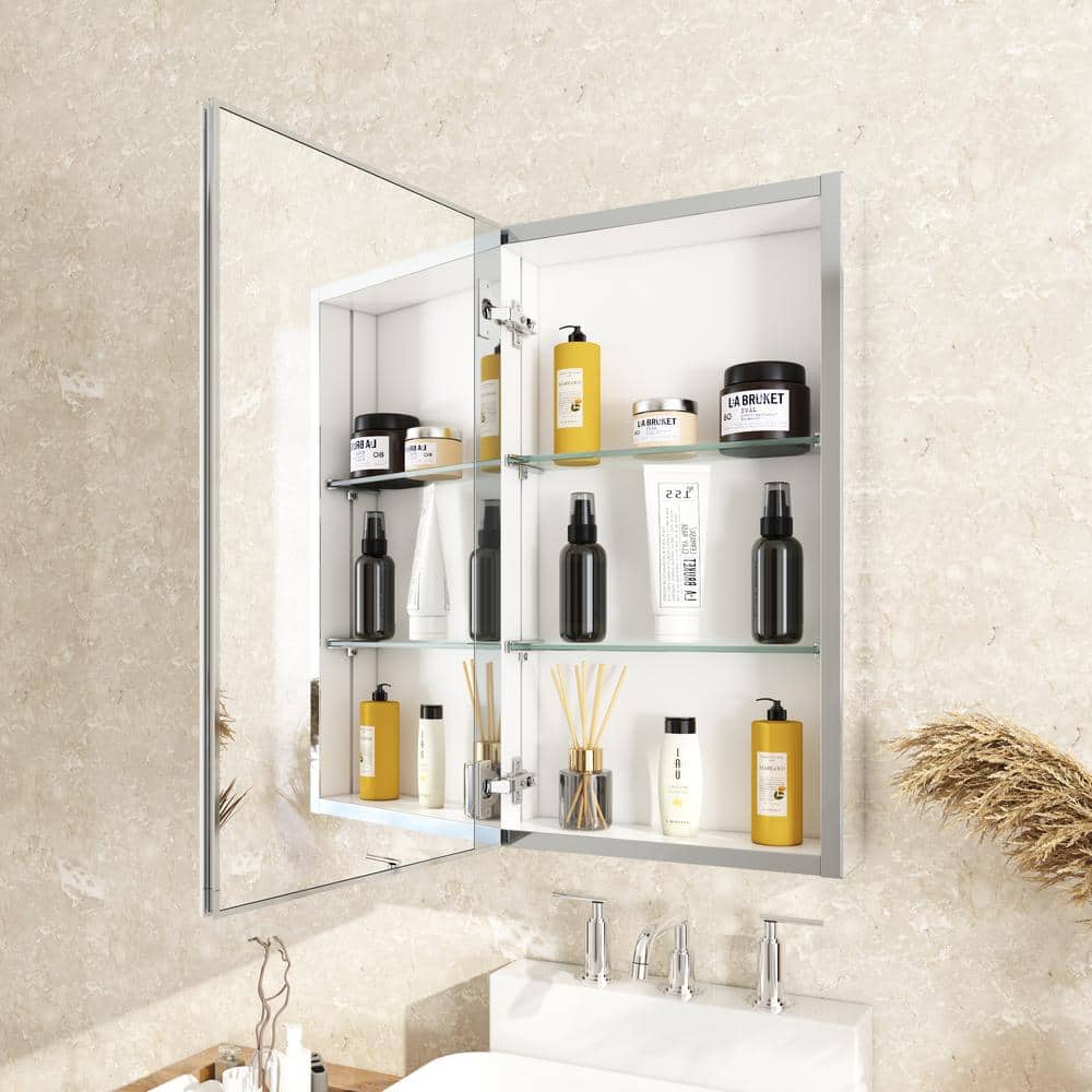 15 in. W x 26 in. H Silver Recessed/Surface Mount Medicine Cabinet with Mirror Bathroom Large Storage Left Swing