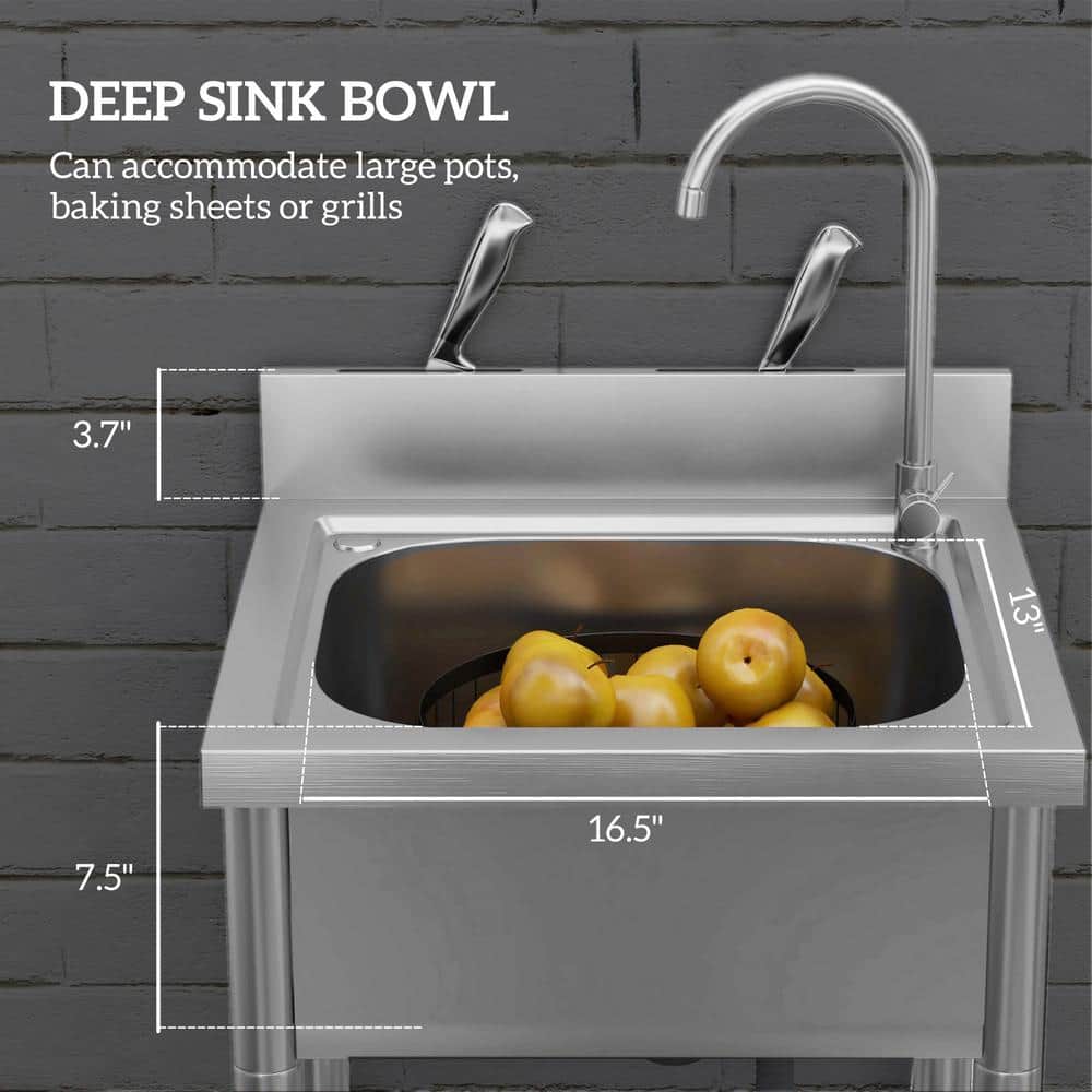 Unbranded Stainless Steel Freestanding Utility Sink with Dual Water Pipes and Storage