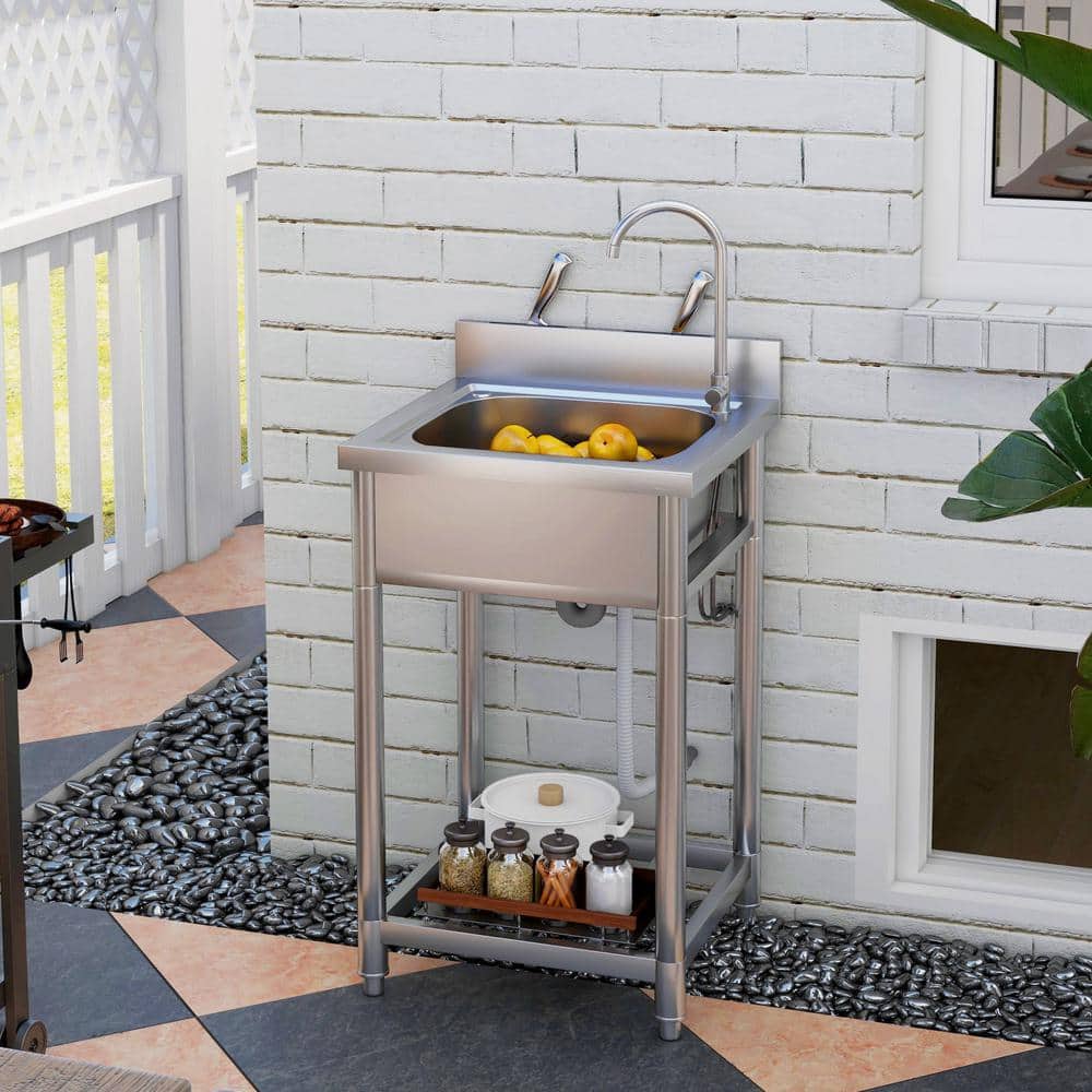 Unbranded 21.70 in. D x 19.70 in. W Freestanding Laundry/Utility Sink with Cold and Hot Water Pipe and Storage Shelf in Silver