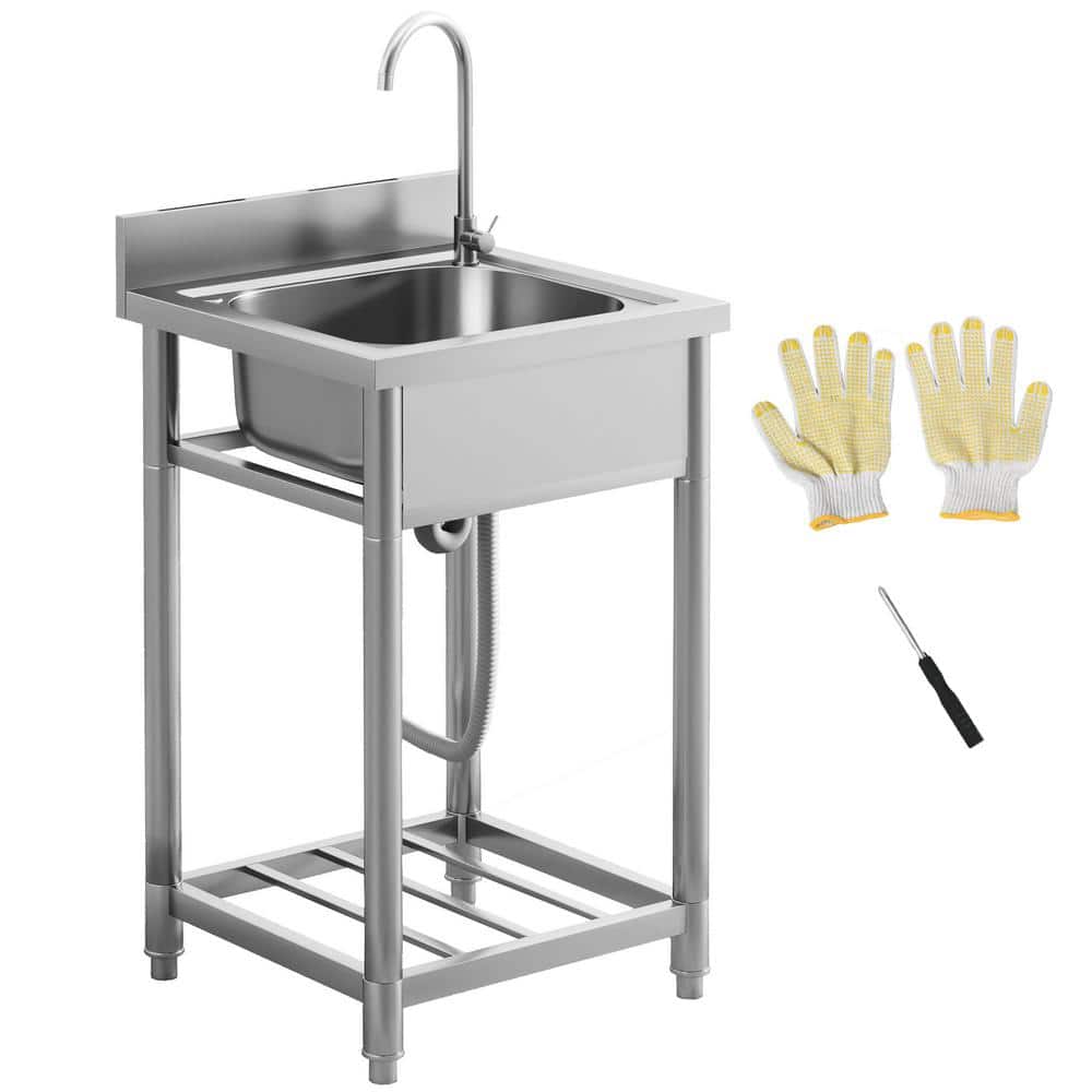 Unbranded Stainless Steel Freestanding Utility Sink with Dual Water Pipes and Storage