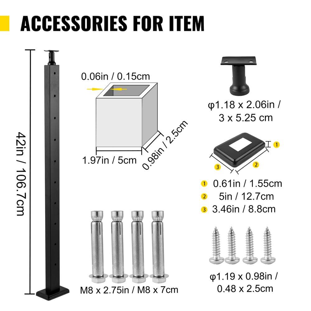 SKYSHALO Cable Railing Post Level Deck Stair Post 42 x 0.98 x 1.97 in. Cable Handrail Post Stainless Steel Brushed Finishing Deck