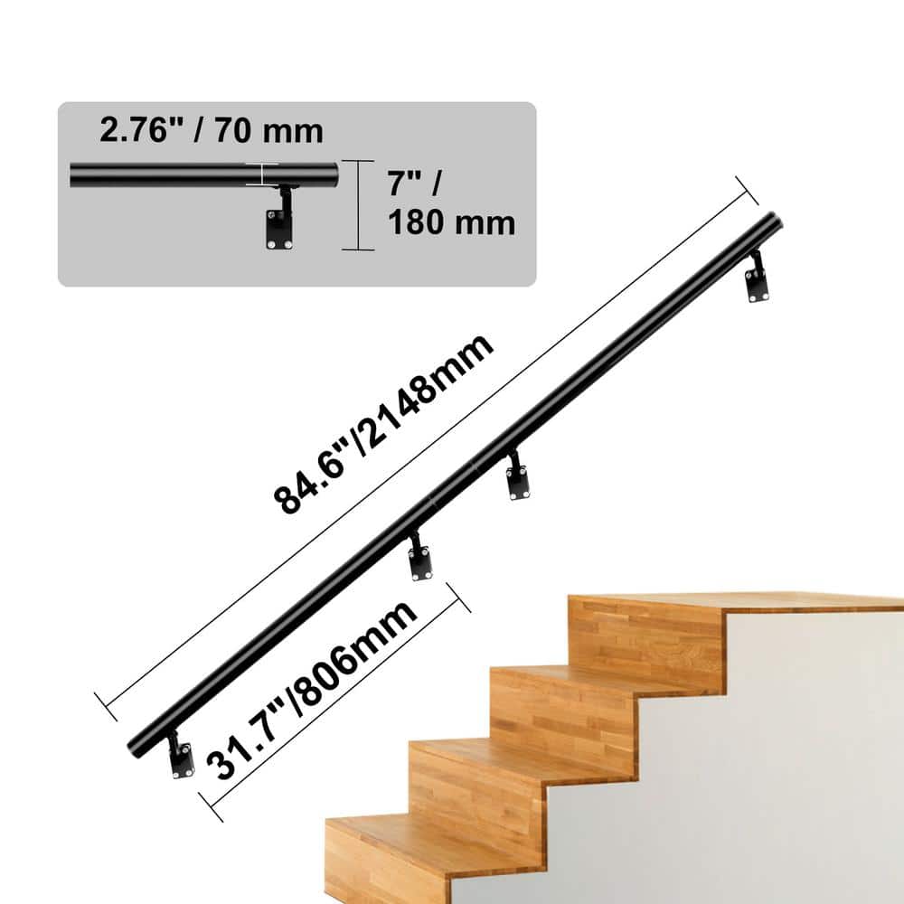 SKYSHALO Wall Mount Handrail 7 in. H x 2.76 in. W Black Aluminum Alloy Stair Railing Kit Thickened Hand Rail