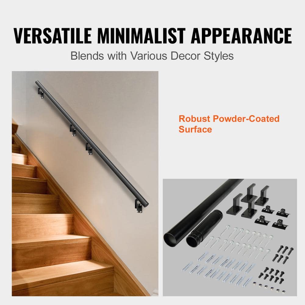 SKYSHALO Wall Mount Handrail 7 in. H x 2.76 in. W Black Aluminum Alloy Stair Railing Kit Thickened Hand Rail