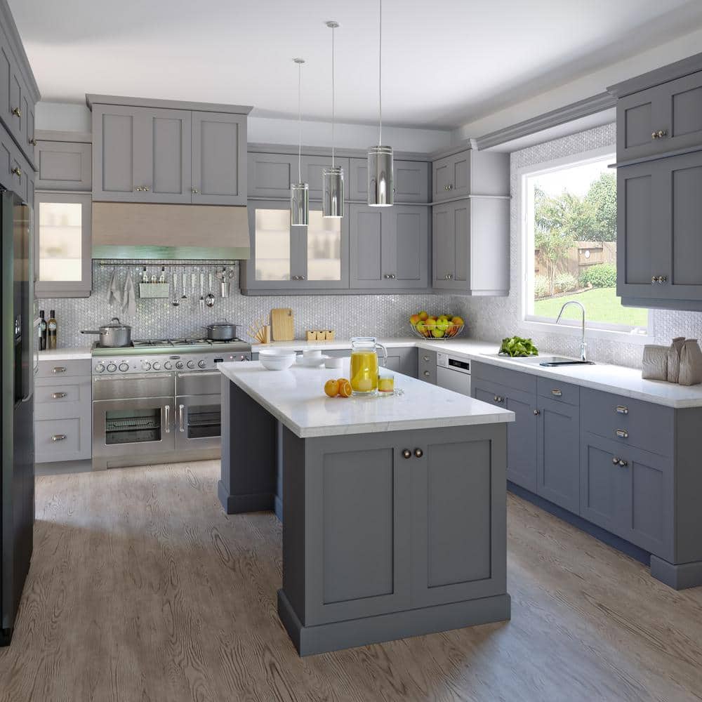J COLLECTION 24 in. W x 40 in. H x 14 in. D Bristol Painted Slate Gray Shaker Assembled Glass Wall Diagonal Corner Kitchen Cabinet