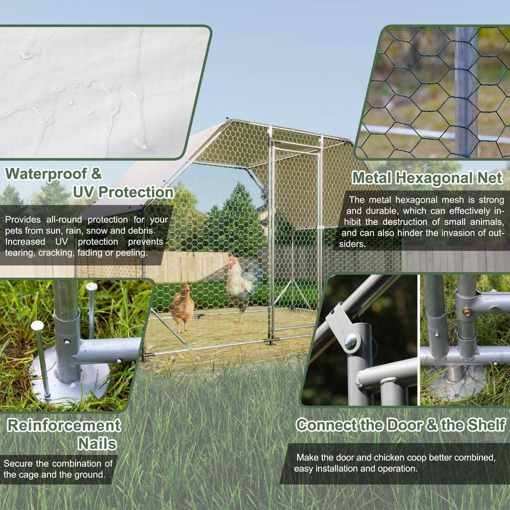 GOGEXX 9.94 ft x 6.46 ft Flat Large Metal Walk-in Chicken Coop Galvanized Poultry Cages with Waterproof Cover Outdoors