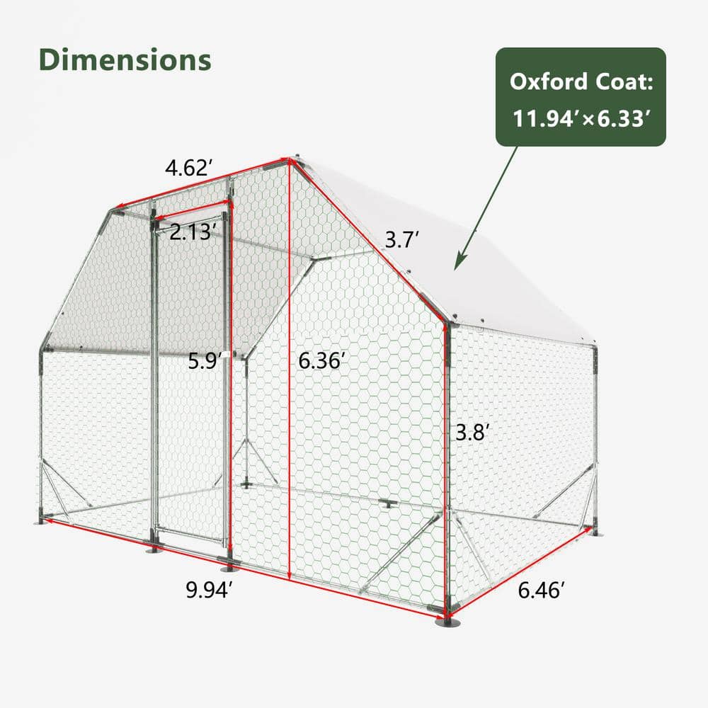 GOGEXX 9.94 ft x 6.46 ft Flat Large Metal Walk-in Chicken Coop Galvanized Poultry Cages with Waterproof Cover Outdoors